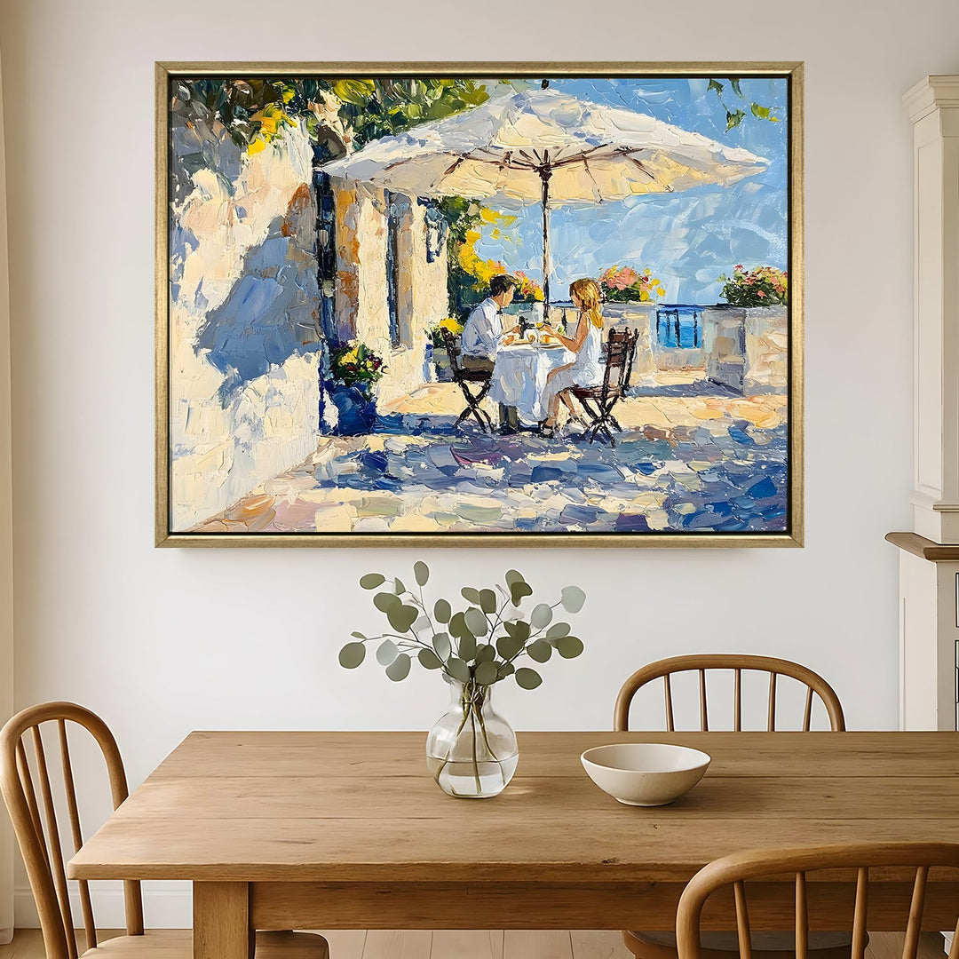 Breezy coastal breakfast café in Monaco Wall Art, HD Canvas Print, Golden Floater Framed, Ready to Hang, (36 In x 48 In) (CAFE-WA-09)