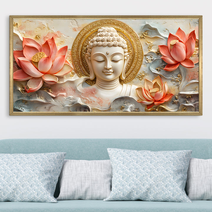 Serene Buddha & Red Lotus Wall Art, HD Canvas Print, Golden Box Framed, Ready to Hang, (24 In x 48 In) (BDWA28)