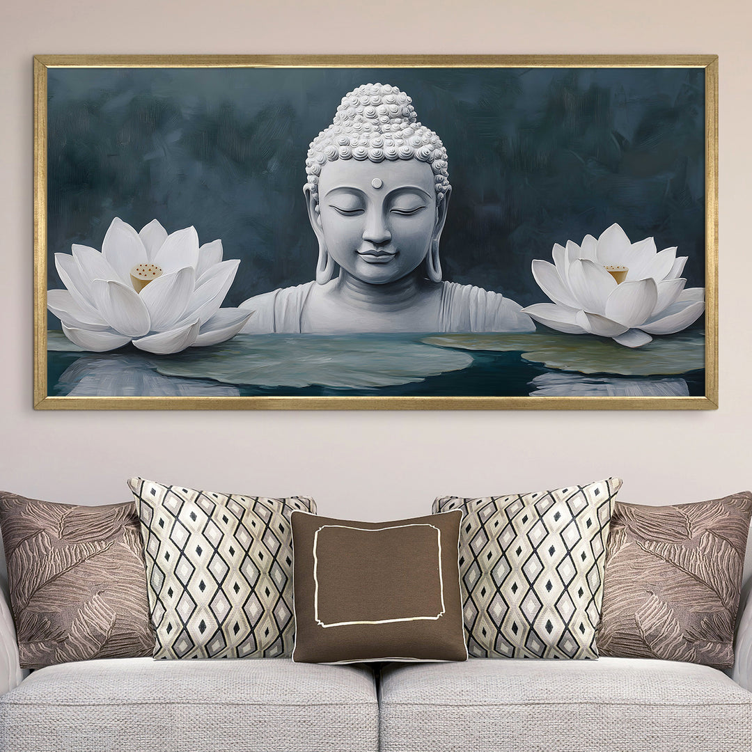 Buddha with White Lotus Wall Art, HD Canvas Print, Golden Box Framed, Ready to Hang, (24 In x 48 In) (BDWA33)