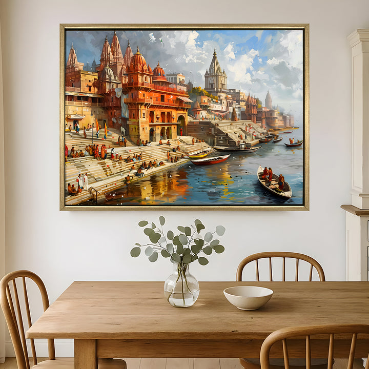 Banaras Ghats Painting Wall Art – Varanasi Riverfront with Golden Floater Frame – HD Print Large Canvas, Ready to Hang, Size: 3X4FT, (BAWA09)