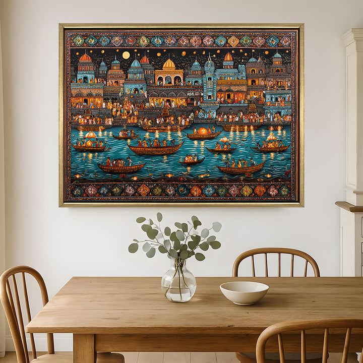 Banaras Ghats Painting Wall Art – Varanasi Riverfront with Golden Floater Frame – HD Print Large Canvas, Ready to Hang, Size: 3X4FT, (BAWA20)