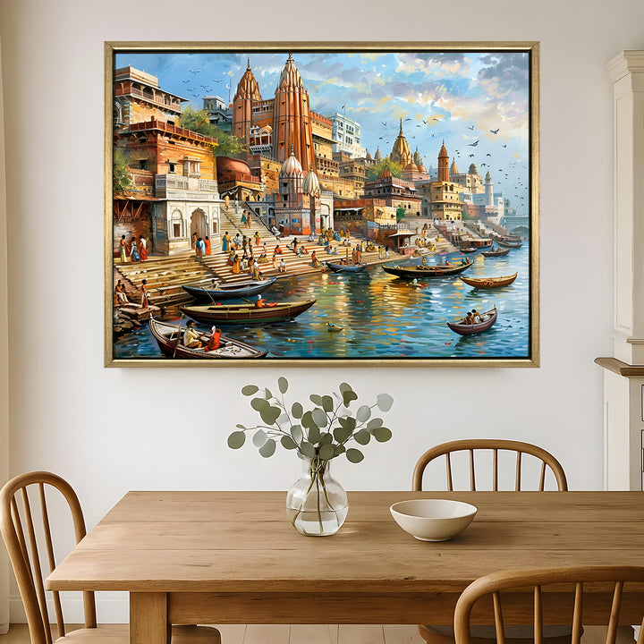 Banaras Ghats Painting Wall Art – Varanasi Riverfront with Golden Floater Frame – HD Print Large Canvas, Ready to Hang, Size: 3X4FT, (BAWA24)