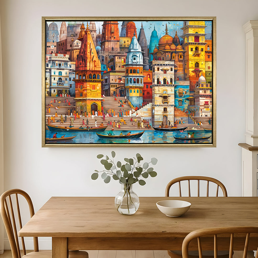 Banaras Ghats Painting Wall Art – Varanasi Riverfront with Golden Floater Frame – HD Print Large Canvas, Ready to Hang, Size: 3X4FT, (BAWA25)