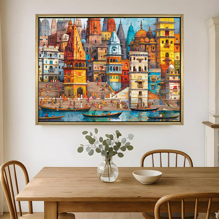 Banaras Ghats Painting Wall Art – Varanasi Riverfront with Golden Floater Frame – HD Print Large Canvas, Ready to Hang, Size: 3X4FT, (BAWA25)