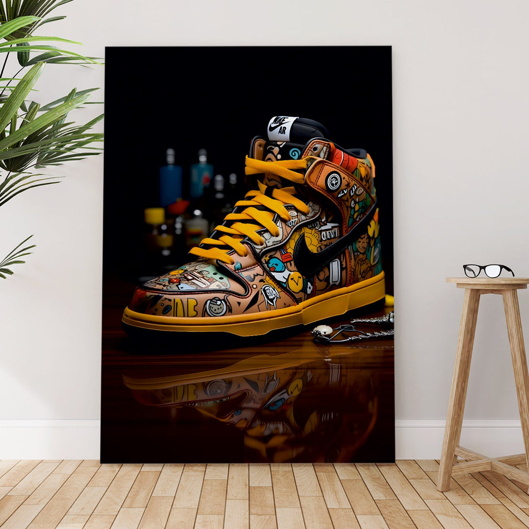 Vibrant Sneaker Wall Art with Graffiti Doodle Painting, HD Canvas Print, Framed, Ready to Hang. (POMWA327)