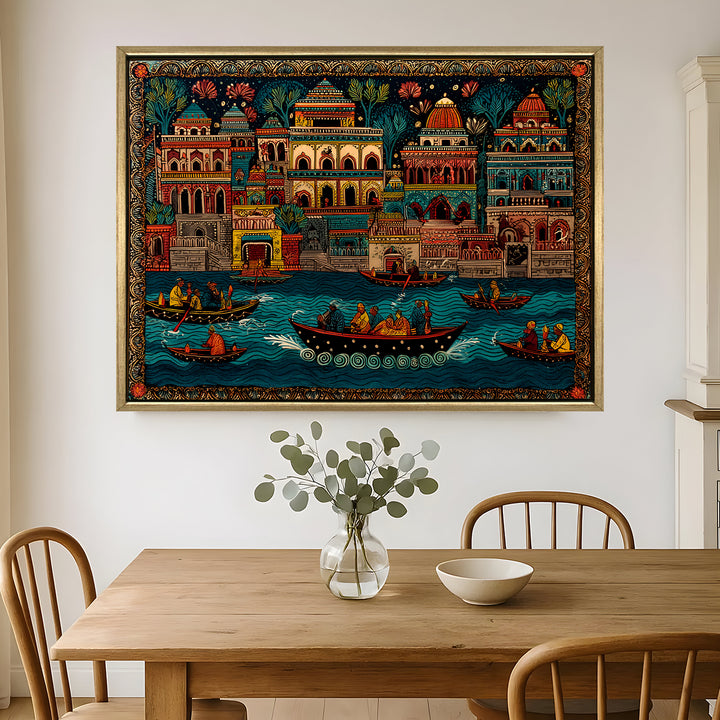 Banaras Ghats Painting Wall Art – Varanasi Riverfront with Golden Floater Frame – HD Print Large Canvas, Ready to Hang, Size: 3X4FT, (BAWA22)