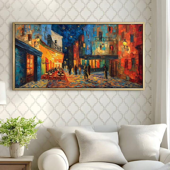 Colorful European Alley at Night – Abstract Wall Art, HD Canvas Print, Golden Floater Framed, Ready to Hang, (24 In x 48 In) (VNG-WA-01)