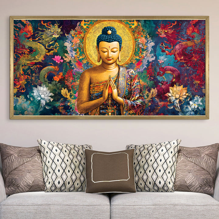 Divine Buddha with Prayer Pose Wall Art, HD Canvas Print, Golden Box Framed, Ready to Hang, (24 In x 48 In) (BDWA29)