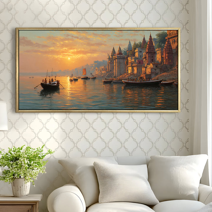 Banaras Ghats Painting Wall Art – Varanasi Riverfront with Golden Floater Frame – HD Print Large Canvas, Ready to Hang, Size: 2X4FT, (BAWA35)