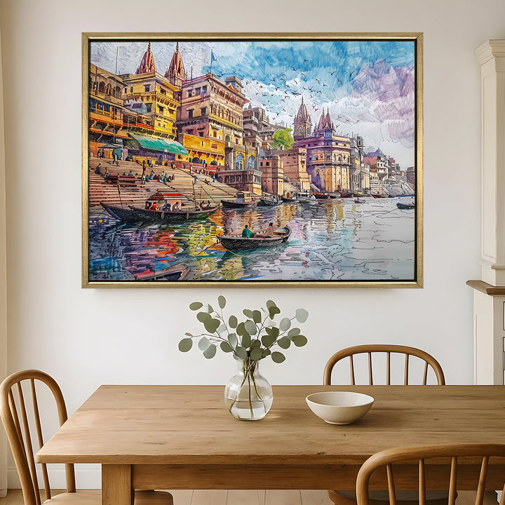 Banaras Ghats Painting Wall Art – Varanasi Riverfront with Golden Floater Frame – HD Print Large Canvas, Ready to Hang, Size: 3X4FT, (BAWA02).