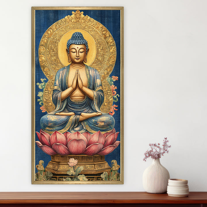 Golden Aura Buddha Portrait on Red Lotus Wall Art, HD Canvas Print, Golden Box Framed, Ready to Hang, (48 In x 24 In) (BDWA40)