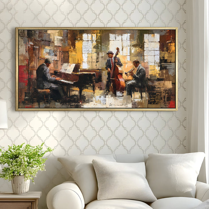 Jazz Quartet in Rustic Studio Wall Art, HD Canvas Print, Golden Floater Framed, Ready to Hang, (24 In x 48 In) (MUSIC-WA-01)