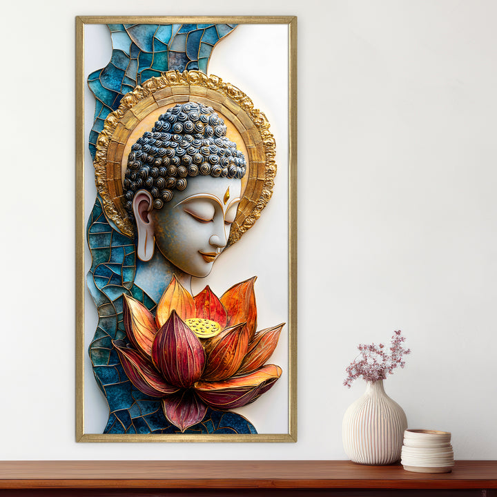 Golden Halo Buddha Wall Art, HD Canvas Print, Golden Box Framed, Ready to Hang, (48 In x 24 In) (BDWA36)