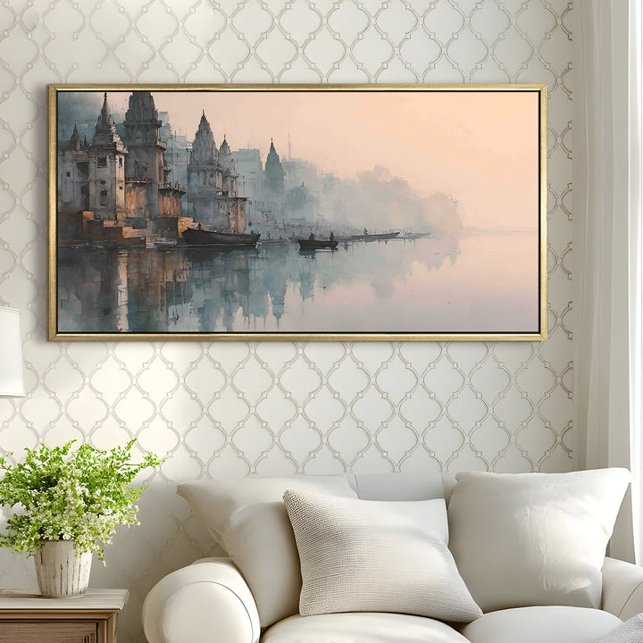 Banaras Ghats Painting Wall Art – Varanasi Riverfront with Golden Floater Frame – HD Print Large Canvas, Ready to Hang, Size: 2X4FT, (BAWA36)