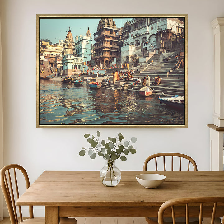 Banaras Ghats Painting Wall Art – Varanasi Riverfront with Golden Floater Frame – HD Print Large Canvas, Ready to Hang, Size: 3X4FT, (BAWA29)