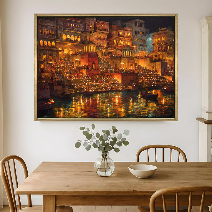 Banaras Ghats Painting Wall Art – Varanasi Riverfront with Golden Floater Frame – HD Print Large Canvas, Ready to Hang, Size: 3X4FT, (BAWA18)