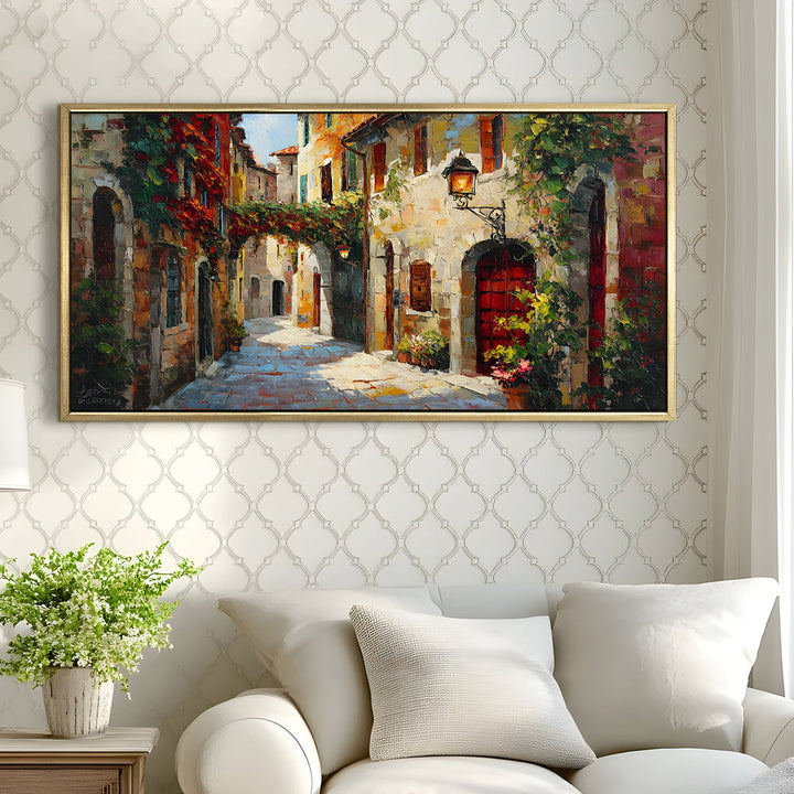 Romantic Tuscan Street Wall Art, HD Canvas Print, Golden Floater Framed, Ready to Hang, (24 In x 48 In). (EURP-WA-08)