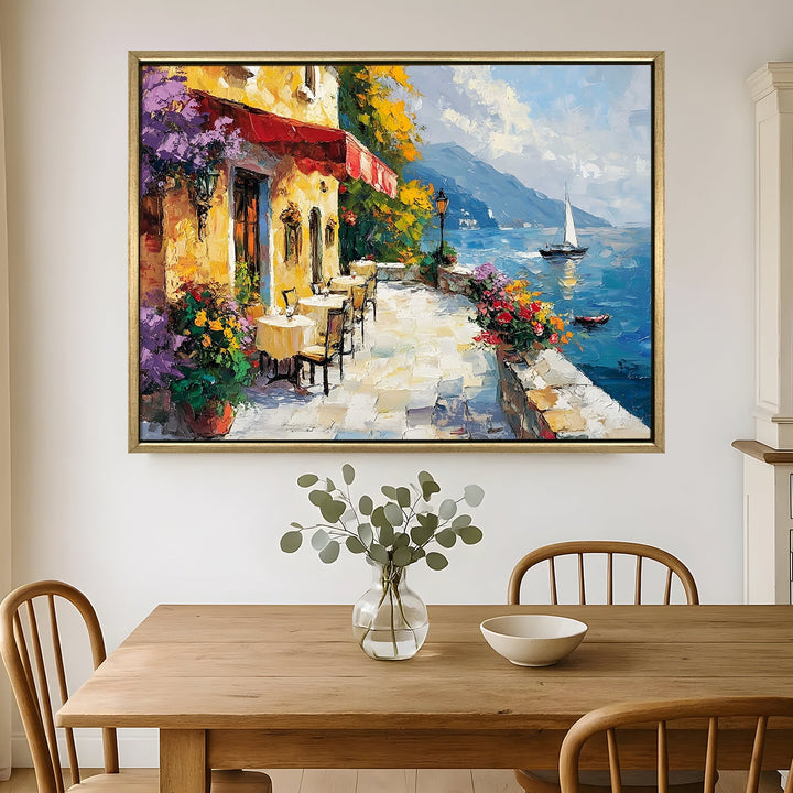 Seaside Italian restaurant terrace at golden hour Wall Art, HD Canvas Print, Golden Floater Framed, Ready to Hang, (36 In x 48 In) (CAFE-WA-13)