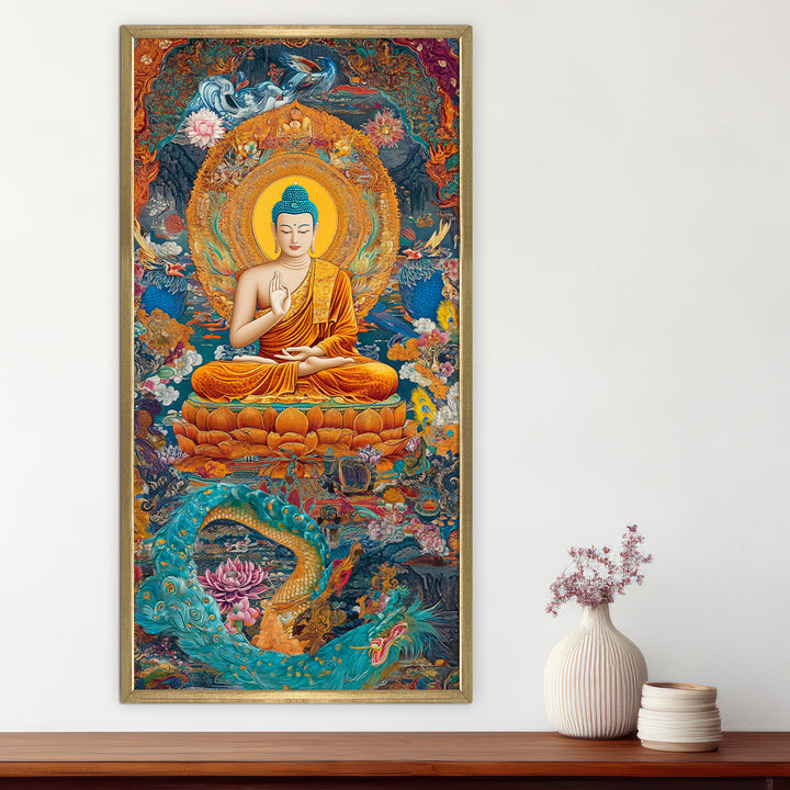 Colorful Spiritual Buddha Meditation Wall Art, HD Canvas Print, Golden Box Framed, Ready to Hang, (48 In x 24 In) (BDWA34)