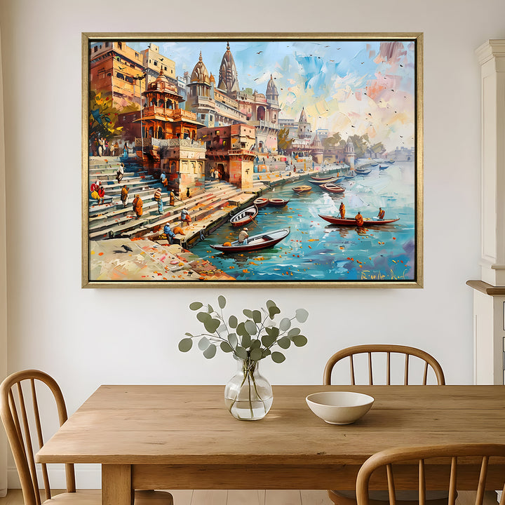 Banaras Ghats Painting Wall Art – Varanasi Riverfront with Golden Floater Frame – HD Print Large Canvas, Ready to Hang, Size: 3X4FT, (BAWA16)