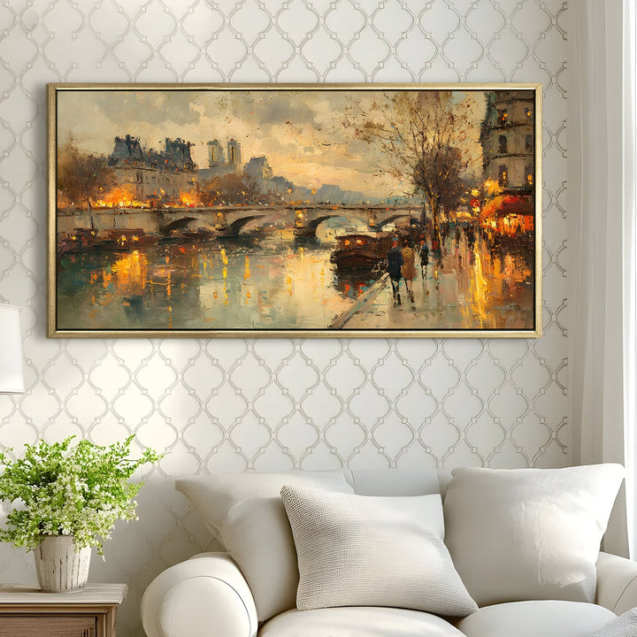 Vintage Riverfront Cityscape Wall Art, HD Canvas Print, Golden Floater Framed, Ready to Hang, (24 In x 48 In). (EURP-WA-06)
