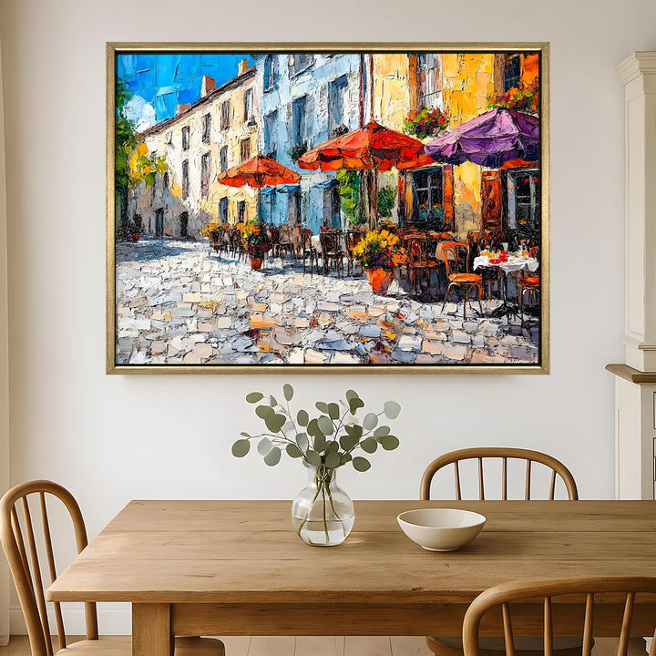 Cobblestone market square in southern France Wall Art, HD Canvas Print, Golden Floater Framed, Ready to Hang, (36 In x 48 In) (CAFE-WA-17)