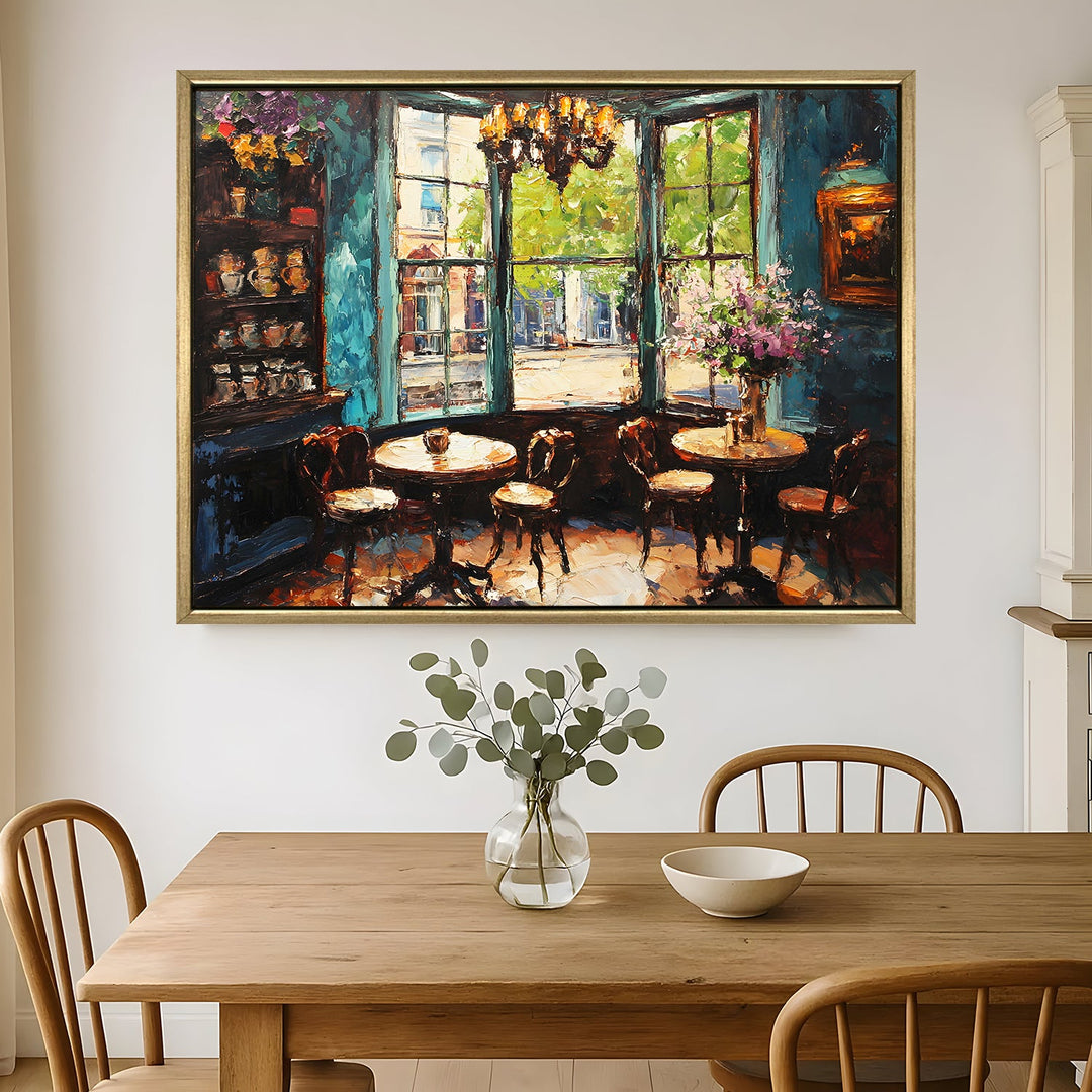Elegant London tea shop with Victorian windows Wall Art, HD Canvas Print, Golden Floater Framed, Ready to Hang, (36 In x 48 In) (CAFE-WA-16)