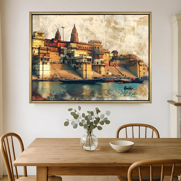Banaras Ghats Painting Wall Art – Varanasi Riverfront with Golden Floater Frame – HD Print Large Canvas, Ready to Hang, Size: 3X4FT, (BAWA30)
