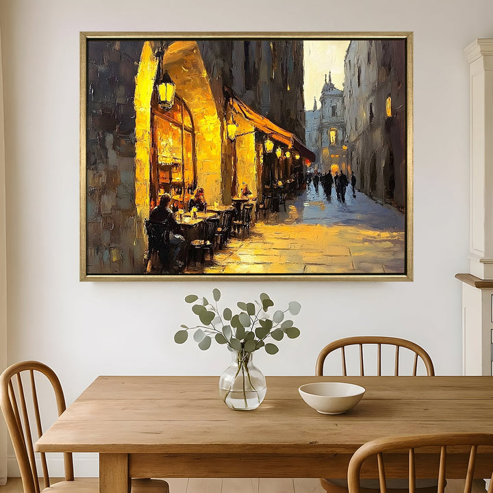 Sunset view from a rooftop bistro in Barcelona Wall Art, HD Canvas Print, Golden Floater Framed, Ready to Hang, (36 In x 48 In) (CAFE-WA-11)