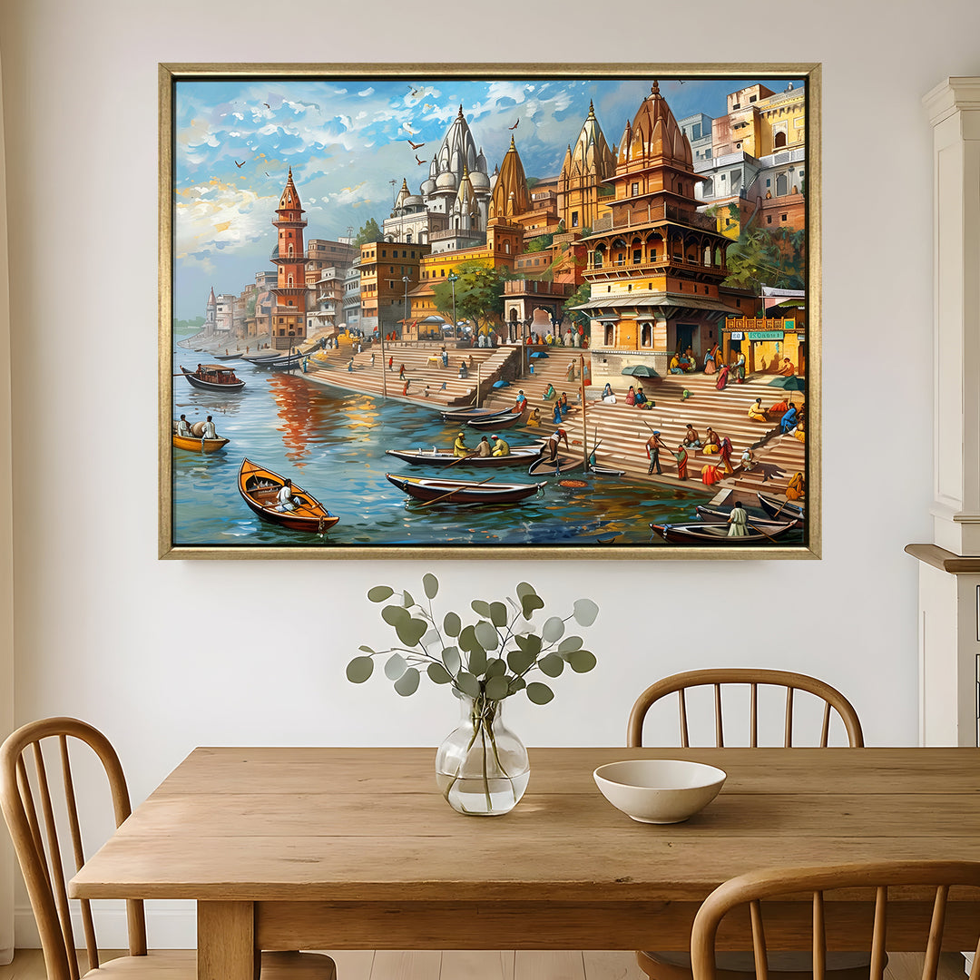 Banaras Ghats Painting Wall Art – Varanasi Riverfront with Golden Floater Frame – HD Print Large Canvas, Ready to Hang, Size: 3X4FT, (BAWA26)