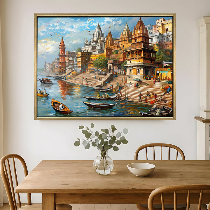 Banaras Ghats Painting Wall Art – Varanasi Riverfront with Golden Floater Frame – HD Print Large Canvas, Ready to Hang, Size: 3X4FT, (BAWA26)