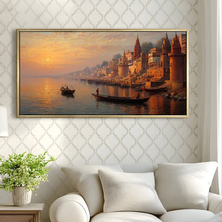 Banaras Ghats Painting Wall Art – Varanasi Riverfront with Golden Floater Frame – HD Print Large Canvas, Ready to Hang, Size: 2X4FT, (BAWA33)