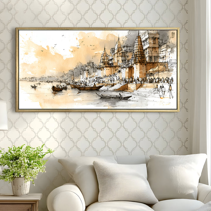 Banaras Ghats Painting Wall Art – Varanasi Riverfront with Golden Floater Frame – HD Print Large Canvas, Ready to Hang, Size: 2X4FT, (BAWA41)