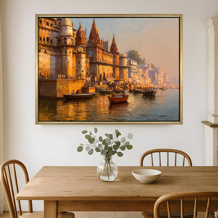Banaras Ghats Painting Wall Art – Varanasi Riverfront with Golden Floater Frame – HD Print Large Canvas, Ready to Hang, Size: 3X4FT, (BAWA05)