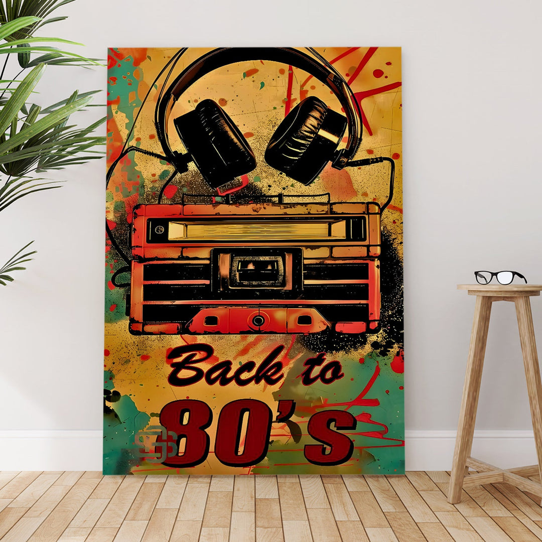 Back to 80’s – Retro Boombox & Headphones Pop Wall Art, HD Canvas Print, Framed, Ready to Hang. (POMWA342)