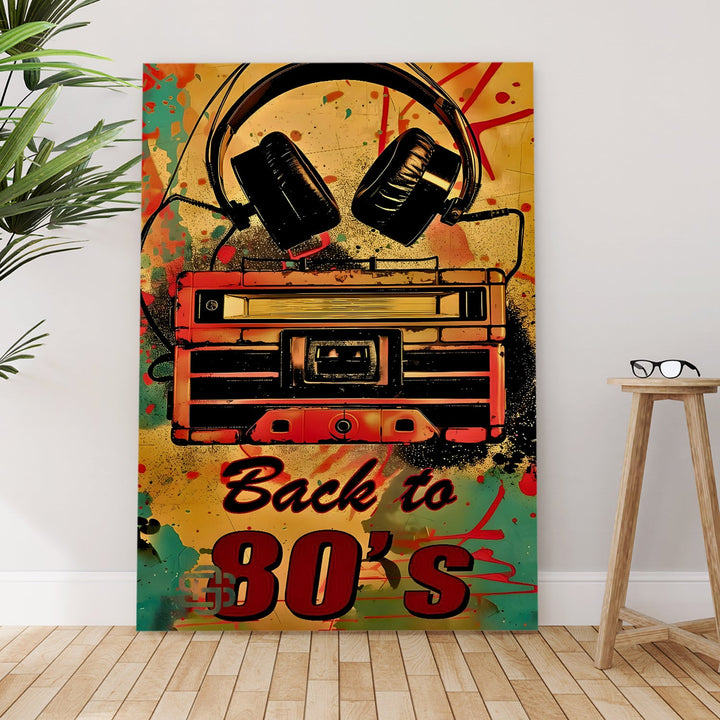 Back to 80’s – Retro Boombox & Headphones Pop Wall Art, HD Canvas Print, Framed, Ready to Hang. (POMWA342)