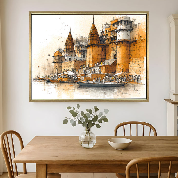 Banaras Ghats Painting Wall Art – Varanasi Riverfront with Golden Floater Frame – HD Print Large Canvas, Ready to Hang, Size: 3X4FT, (BAWA15)