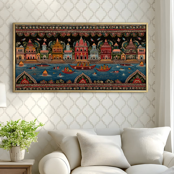 Banaras Ghats Painting Wall Art – Varanasi Riverfront with Golden Floater Frame – HD Print Large Canvas, Ready to Hang, Size: 2X4FT, (BAWA43)
