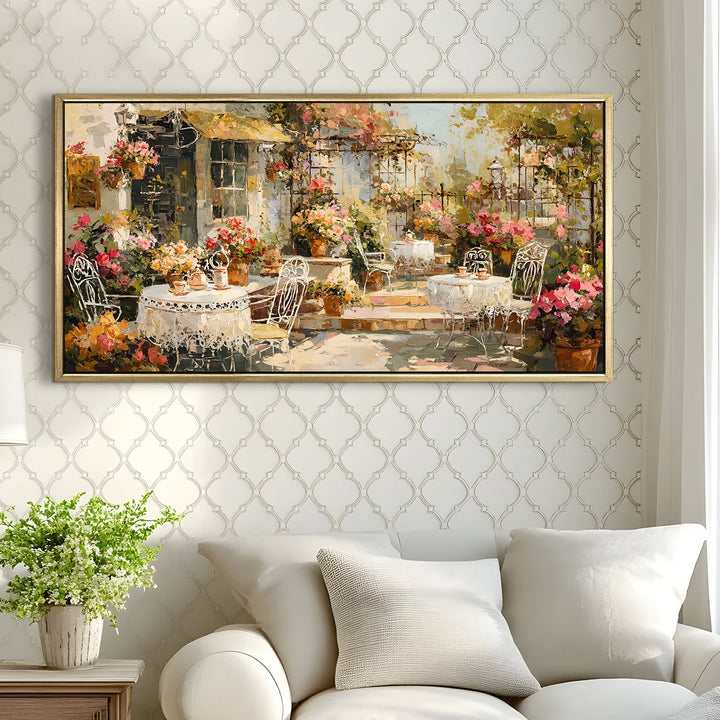 Vintage Café Terrace Wall Art, HD Canvas Print, Golden Floater Framed, Ready to Hang, (24 In x 48 In). (EURP-WA-05)