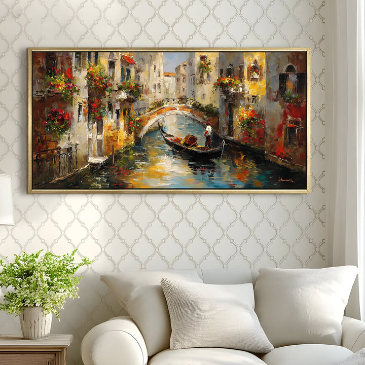 European Gondola Wall Art, HD Canvas Print, Golden Floater Framed, Ready to Hang, (24 In x 48 In). (EURP-WA-10)
