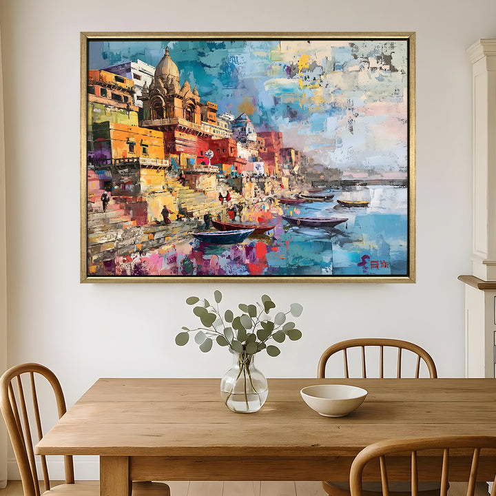 Banaras Ghats Painting Wall Art – Varanasi Riverfront with Golden Floater Frame – HD Print Large Canvas, Ready to Hang, Size: 3X4FT, (BAWA31)