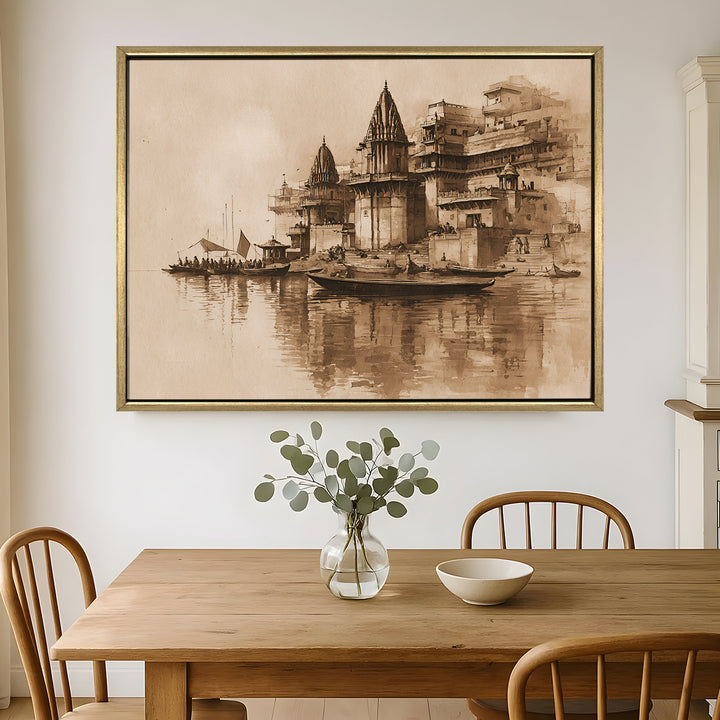 Banaras Ghats Painting Wall Art – Varanasi Riverfront with Golden Floater Frame – HD Print Large Canvas, Ready to Hang, Size: 3X4FT, (BAWA08)