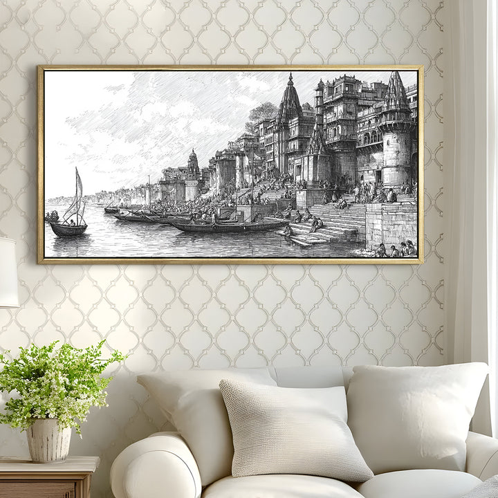 Banaras Ghats Painting Wall Art – Varanasi Riverfront with Golden Floater Frame – HD Print Large Canvas, Ready to Hang, Size: 2X4FT, (BAWA38)