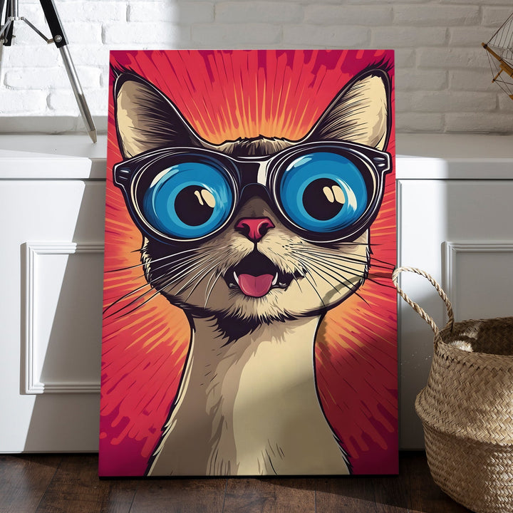 Cool Cat Vibes – Funky Cartoon Cat Wall Art, HD Canvas Print, Framed, Ready to Hang. (POMWA337)