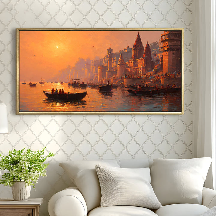 Banaras Ghats Painting Wall Art – Varanasi Riverfront with Golden Floater Frame – HD Print Large Canvas, Ready to Hang, Size: 2X4FT, (BAWA34)