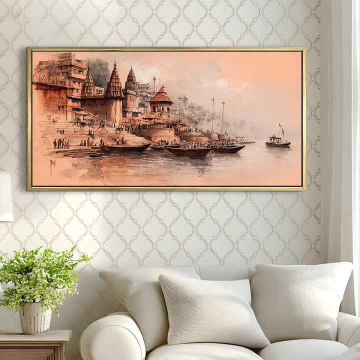 Banaras Ghats Painting Wall Art – Varanasi Riverfront with Golden Floater Frame – HD Print Large Canvas, Ready to Hang, Size: 2X4FT, (BAWA40)