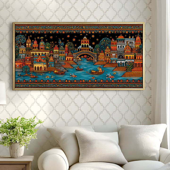 Banaras Ghats Painting Wall Art – Varanasi Riverfront with Golden Floater Frame – HD Print Large Canvas, Ready to Hang, Size: 2X4FT, (BAWA44)
