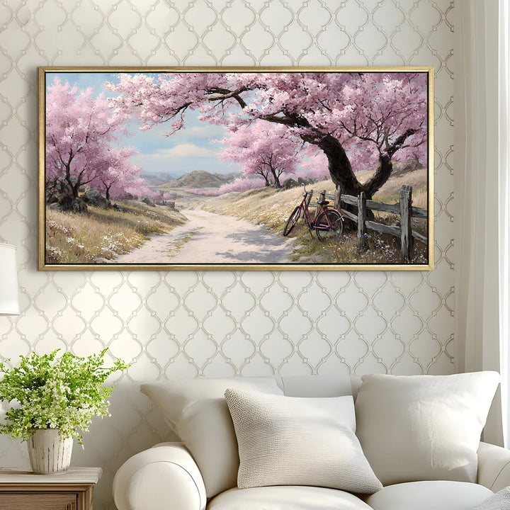 Vintage Bicycle Countryside Wall Art, HD Canvas Print, Golden Floater Framed, Ready to Hang, (24 In x 48 In). (EURP-WA-04)