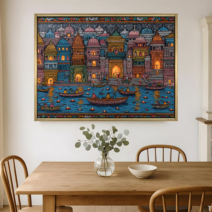 Banaras Ghats Painting Wall Art – Varanasi Riverfront with Golden Floater Frame – HD Print Large Canvas, Ready to Hang, Size: 3X4FT, (BAWA21)