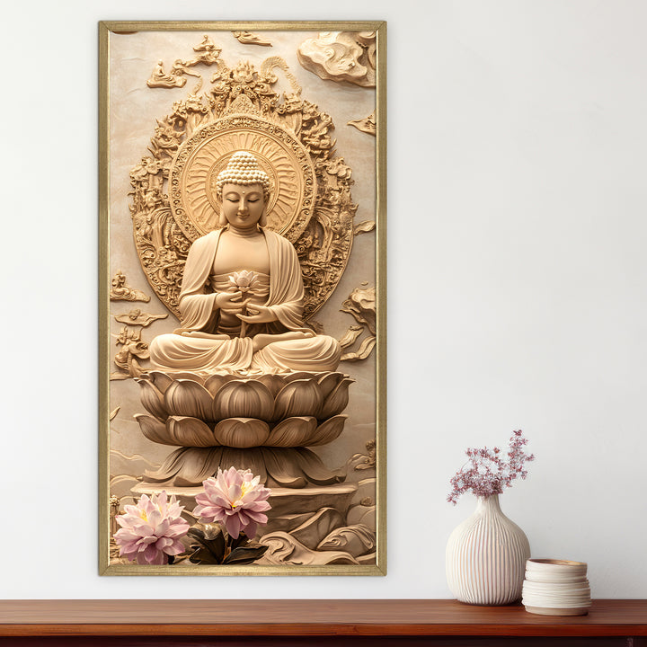 Divine Buddha Meditation Portrait Wall Art, HD Canvas Print, Golden Box Framed, Ready to Hang, (48 In x 24 In) (BDWA37)